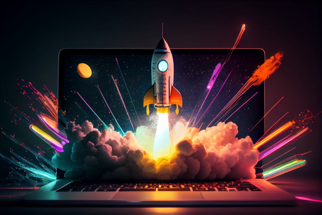 Mittel (rockets-popping-out-laptop-screen-startup-conceptgenerative-ai)